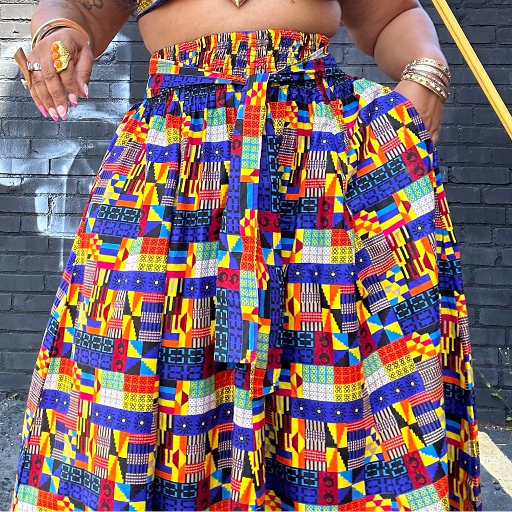 Tribal Abstract Mix Wax Print Cotton Tie Waist Maxi Skirt One Size Plus Size - Picture 7 of 12